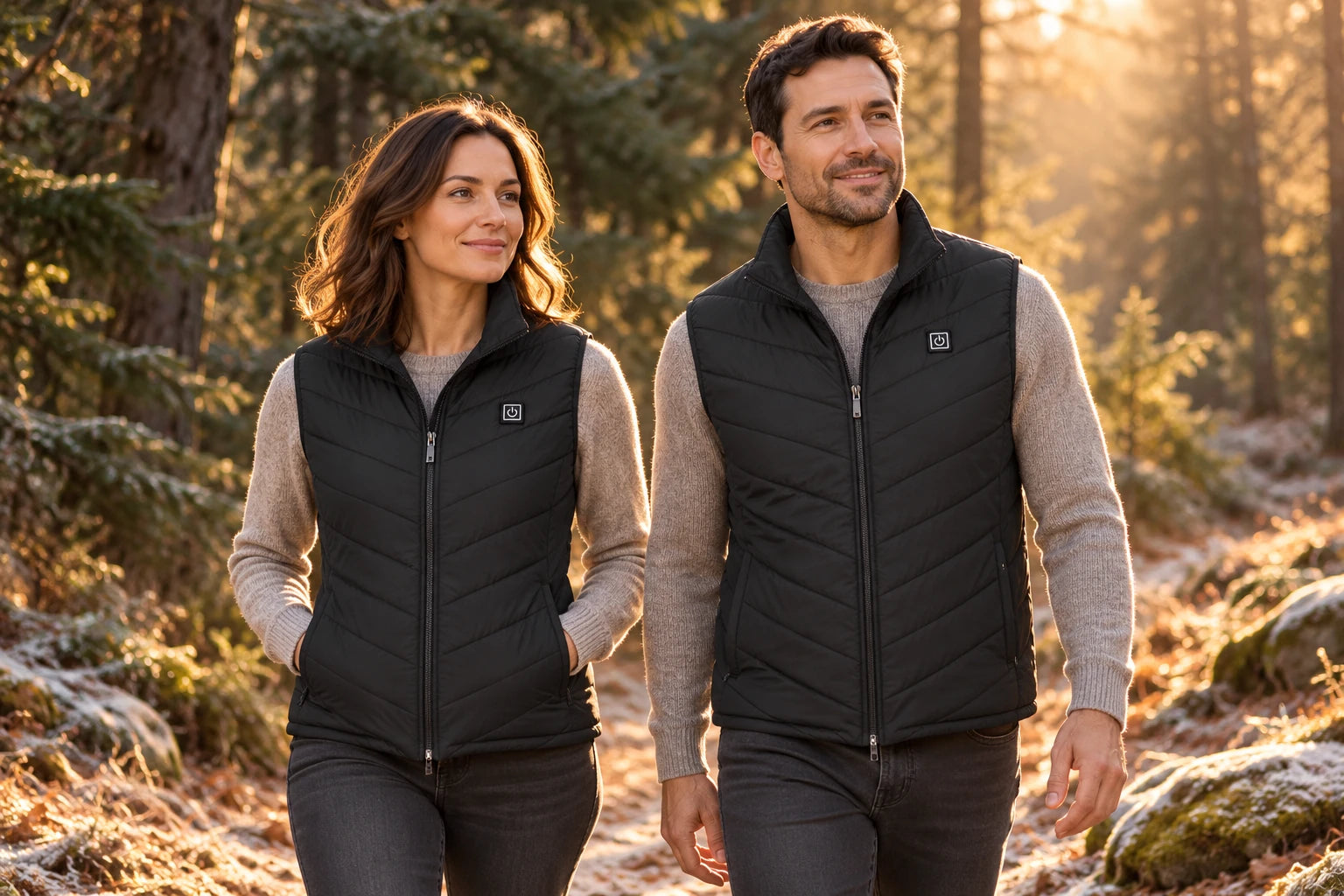 Dos personas con chalecos negros en un paisaje de invierno. Escena editada con IA.